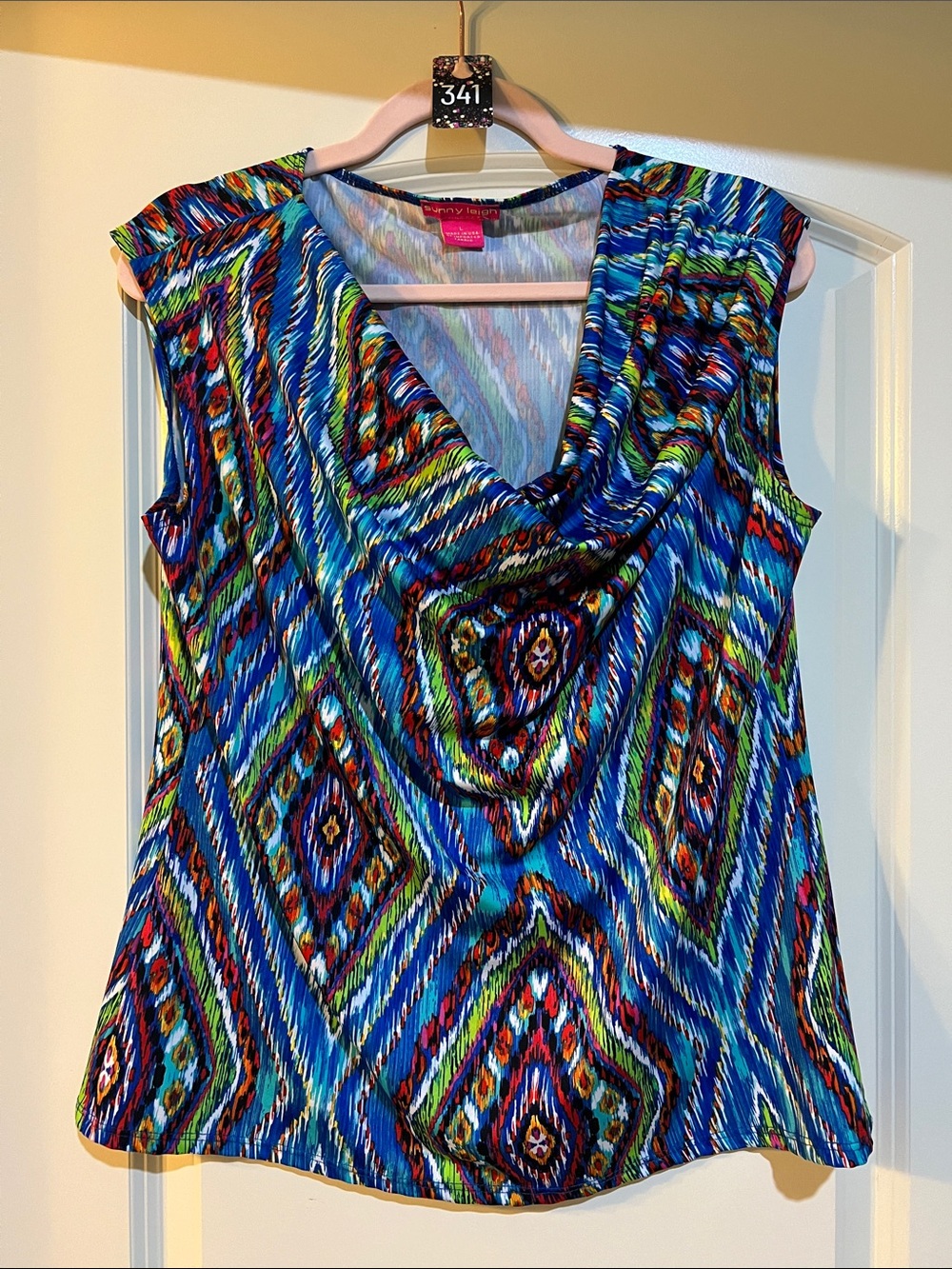 Sunny Leigh Blue Multicolor Draped Cowl Neck Sleeveless Top H341